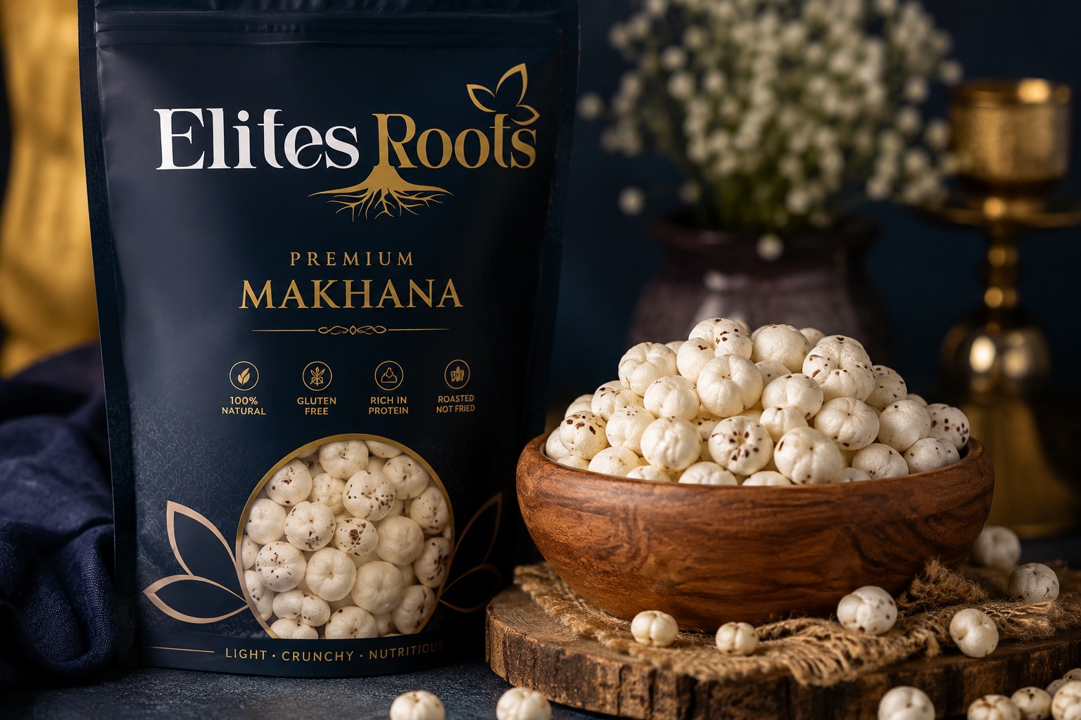 Elites Roots Premium Makhana — packet with a bowl of foxnuts